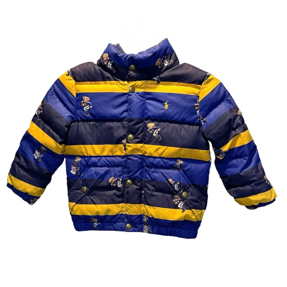 Polo Ralph Lauren Striped Allover Bear Print Puffer Jacket in Navy Yellow 4T